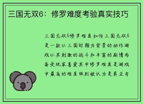 三国无双6:修罗难度考验真实技巧