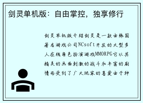 剑灵单机版:自由掌控,独享修行